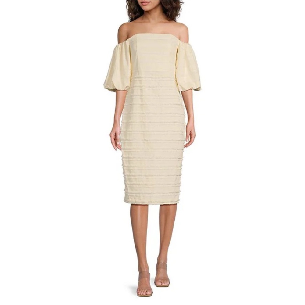 NWT Belle Badgley Mischka Strapless Off the Shoulder Puff Sleeve Fringe Dress 14